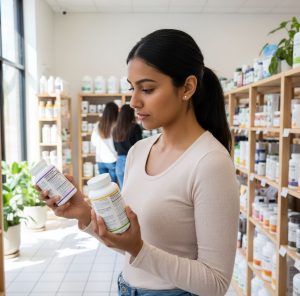 A consumer comparing health products in a bright, modern store, carefully reading labels and considering options.