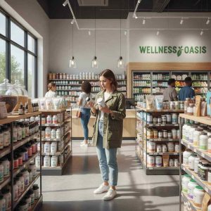 A modern shopper in a bright health store comparing wellness products and reading labels on supplements and organic foods, with shelves filled with vitamins, natural products, and healthy groceries.
