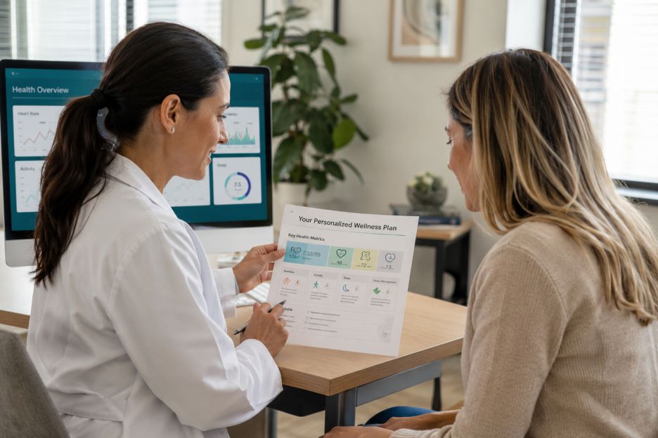 healthcare professional reviewing a personalized wellness plan and preventive health data