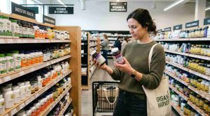 A health-conscious shopper comparing supplement labels in a modern wellness store, vitamins and health products on shelves.