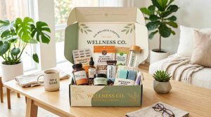 A curated wellness subscription box filled with vitamins, healthy snacks, skincare products, and fitness accessories on a modern table setup