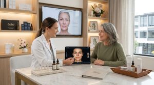 A modern aesthetic medicine consultation scene featuring a professional physician discussing cosmetic treatment options with a confident female patient in a clean upscale clinic