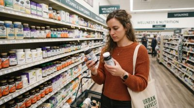 A modern shopper comparing health products in a bright pharmacy aisle, reading nutrition labels and checking ingredients while holding two wellness products