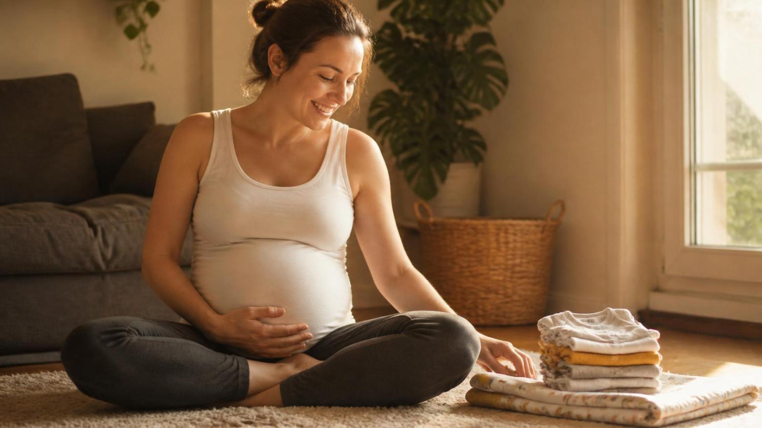 Smiling pregnant woman sits happily folding soft baby clothes near sunny window.