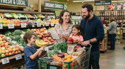 A cheerful family shopping for fresh fruits, vegetables, whole grains, and healthy groceries in a bright supermarket, comparing prices with a shopping list