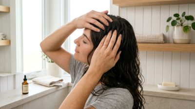 a person gently caring for their scalp and hair during a simple hair care routine, natural-looking hair